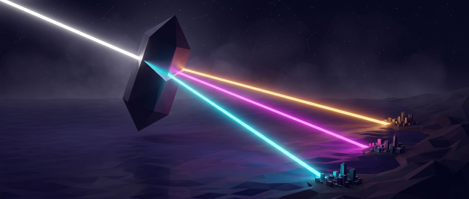A dark crystal prism splitting one beam of light into cyan, magenta and amber beams over a polygonal ocean