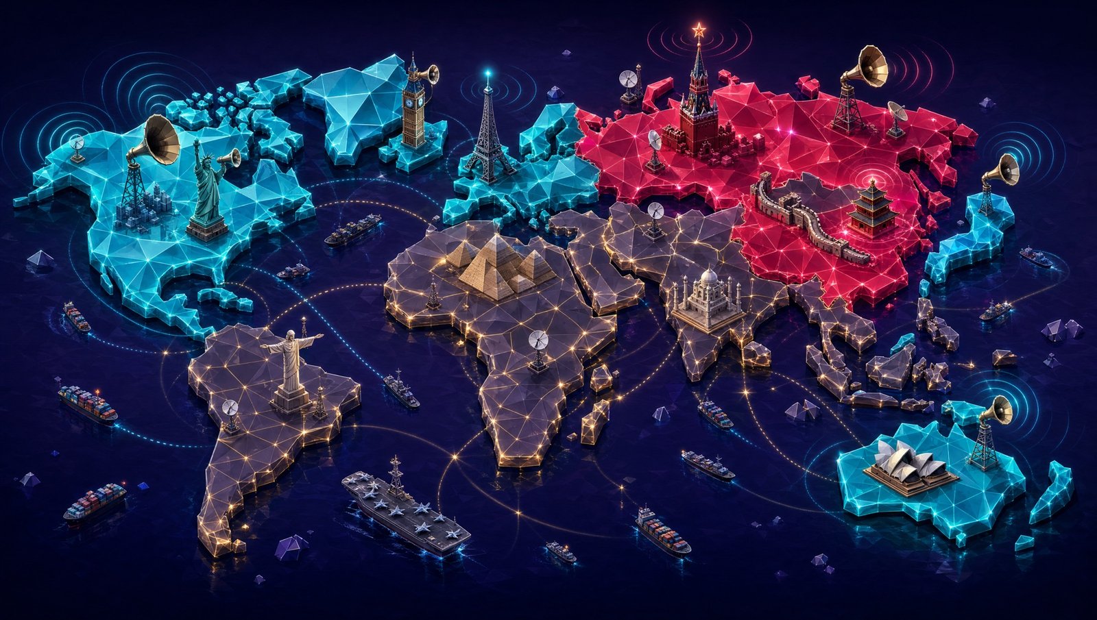Isometric crystal world map with zones lit cyan, magenta and amber by alignment
